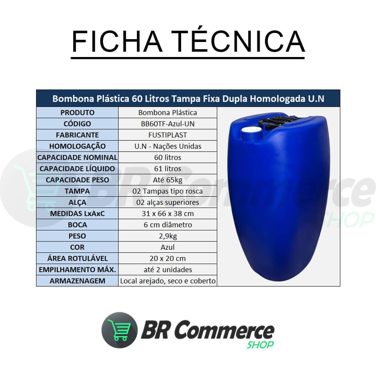 Bombona Plástica 60 Litros Tampa Fixa Dupla Selo U.N REUSO