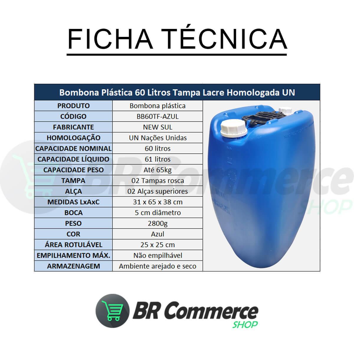 Bombona Plástica 60 Litros Tampa Fixa Dupla Selo U.N REUSO