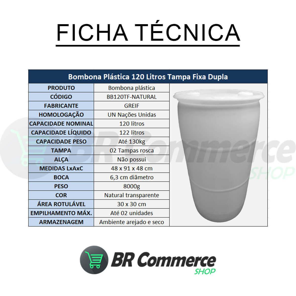 Bombona Plástica 120 Litros Tampa Fixa Selo U.N REUSO