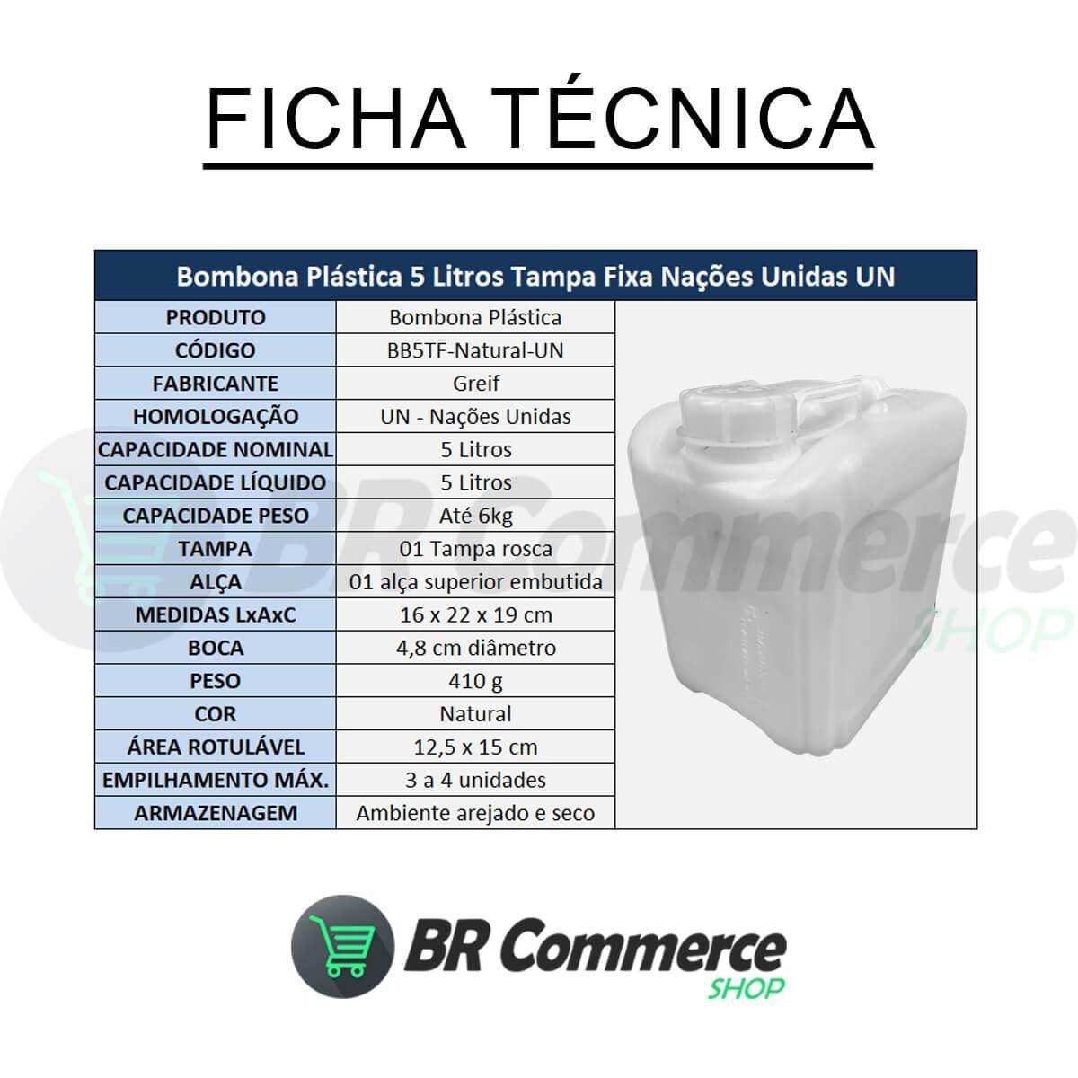 Bombona Plástica 5 Litros Tampa Fixa Selo U.N REUSO