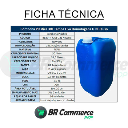 Bombona Plástica 30 Litros Tampa Fixa Selo U.N REUSO