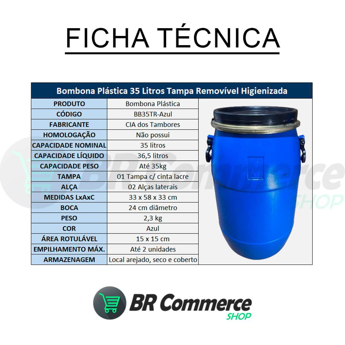 Bombona Plástica 35 Litros Tampa Removível Cinta Lacre REUSO