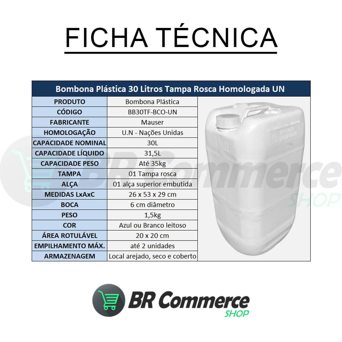 Bombona Plástica 30 Litros Tampa Fixa Selo U.N REUSO