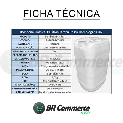 Bombona Plástica 30 Litros Tampa Fixa Selo U.N REUSO