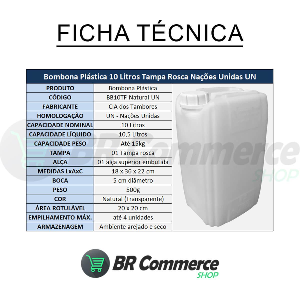 Bombona Plástica 10 Litros Tampa Fixa Selo U.N REUSO