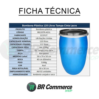 Bombona Plástica 120 Litros Tampa Removível Cinta Lacre REUSO
