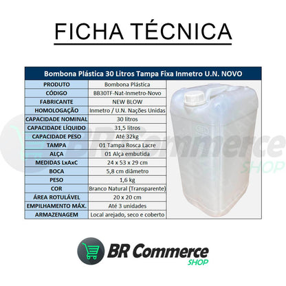 Bombona Plástica 30 Litros Tampa Fixa Selo Inmetro U.N NOVO
